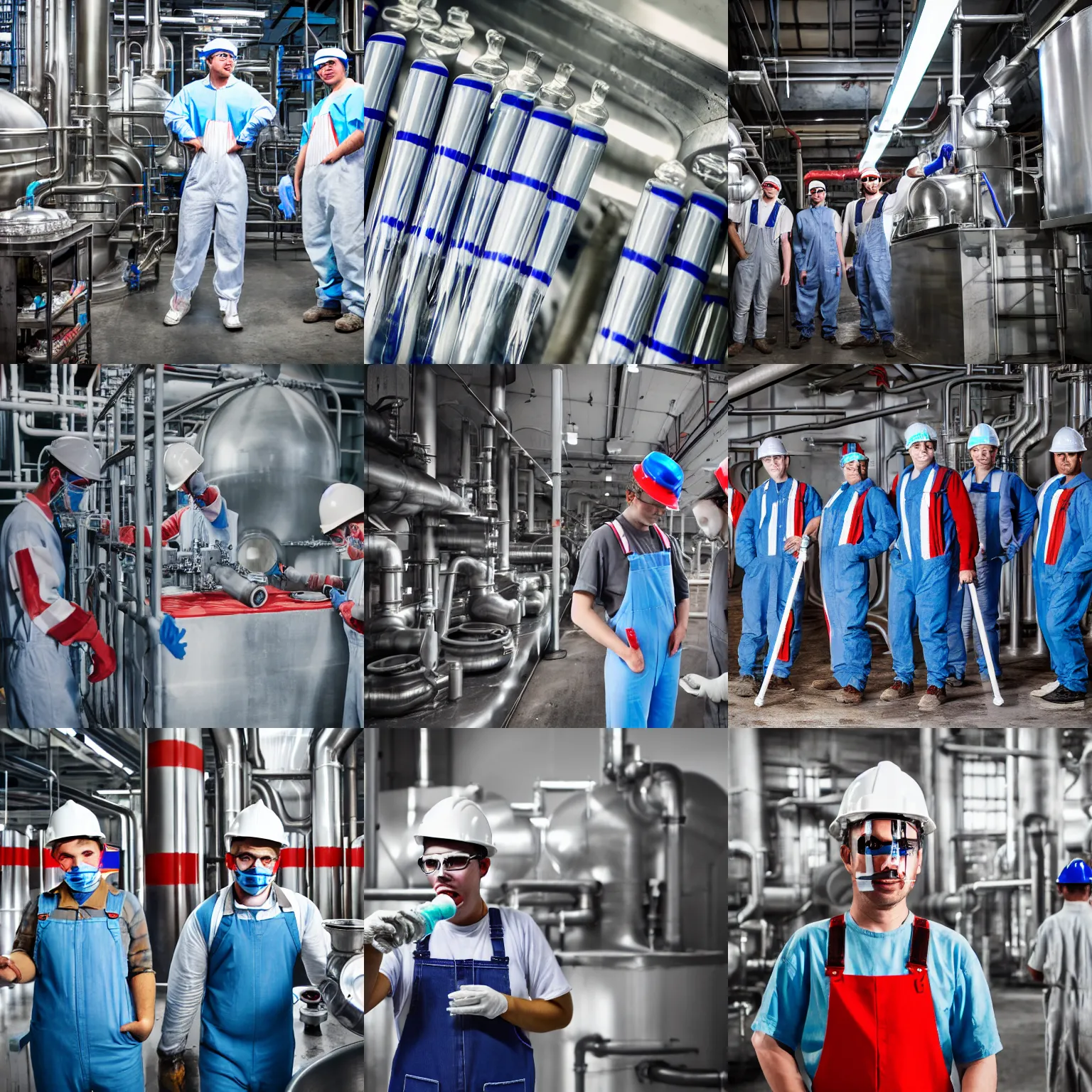 Prompt: toothpaste refinery, glass pipes showing red, white, and blue striped toothpaste inside, workers in grey work overalls, machines, industrial, high definition photograph, documentary still, 4k HD,