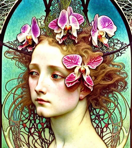 Image similar to beautiful young orchid fairy detailed realistic porcelain face portrait by jean delville, alphonse mucha, iris van herpen and charlie bowater, art forms of nature by ernst haeckel, art nouveau, symbolist, visionary, gothic, neo - gothic, pre - raphaelite, fractal lace, intricate alien botanical biodiversity, surreality, hyperdetailed ultrasharp octane render