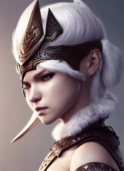 Image similar to warrior, fur leather armor!!! beautiful and elegant white hair female!! gorgeous ayes!! character concept art, sharp focus, octane render! unreal engine 5! highly rendered!! trending on artstation!! detailed linework!! illustration by artgerm, wlop, and chie yoshii