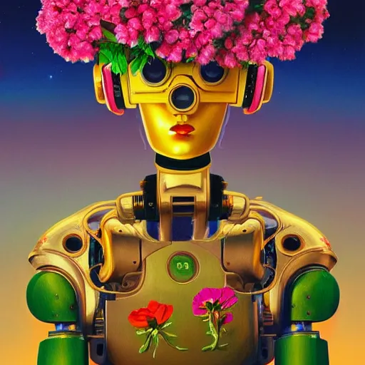 Prompt: a ultradetailed beautiful panting of a robot with flowers growing from the top, by alex gross, trending on artstation