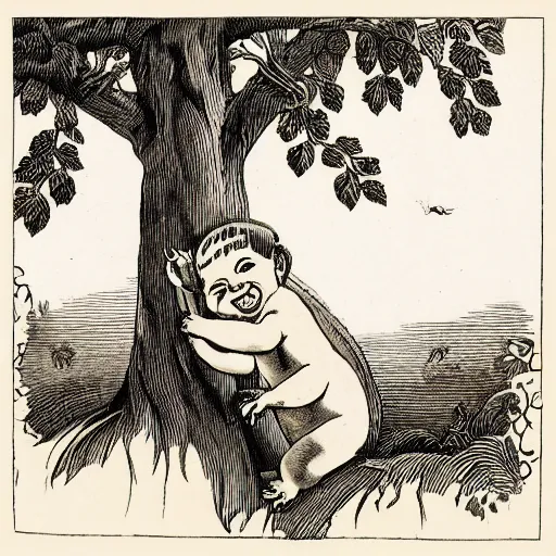 Image similar to baby crawling up a tree with a big grin on its face, in the style of vintage antique illustration and line drawing or engraving