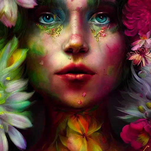 Prompt: colorful demoniac woman in flowers by rembrandt and lise deharme and artgerm, digital art, detailed masterpiece