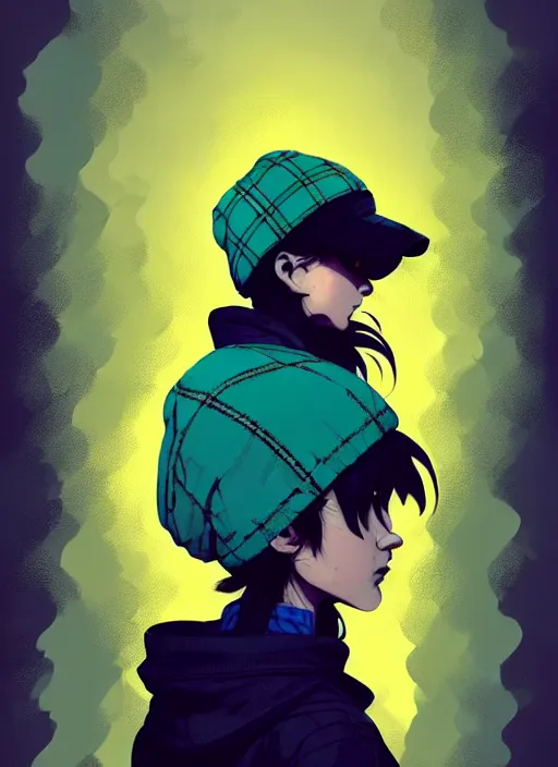 Image similar to highly detailed portrait of a sewer punk lady student, blue eyes, tartan hoody, hat, white hair by atey ghailan, by greg rutkowski, by greg tocchini, by james gilleard, by joe fenton, by kaethe butcher, gradient yellow, black, brown and cyan color scheme, grunge aesthetic!!! ( ( graffiti tag wall ) )