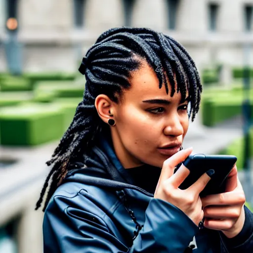 Image similar to candid photographic portrait of a poor techwear mixed young woman using a phone inside a dystopian city, closeup, beautiful garden terraces in the background, sigma 85mm f/1.4, 4k, depth of field, high resolution, 4k, 8k, hd, full color