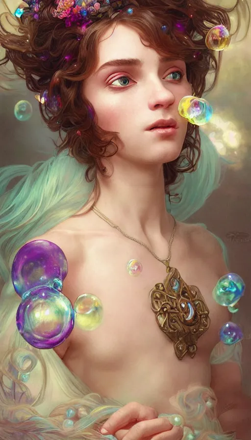 Image similar to portrait of a troll, dreamy and ethereal, (colour) eyes, peaceful expression, ornate frilly dress, fantasy, intricate, elegant, rainbow bubbles, highly detailed, digital painting, artstation, concept art, smooth, sharp focus, illustration, art by artgerm and greg rutkowski and alphonse mucha