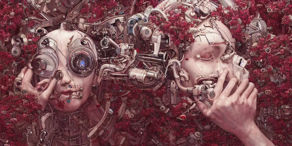 Image similar to hyperrealistic photography of a highly detailed and symmetrical cyborg crafting a machine that makes maroon flowers in the style of Jin Kagetsu, James Jean and wlop, highly detailed, masterpiece, award-winning, sharp focus, intricate concept art, ambient lighting, 8k, artstation
