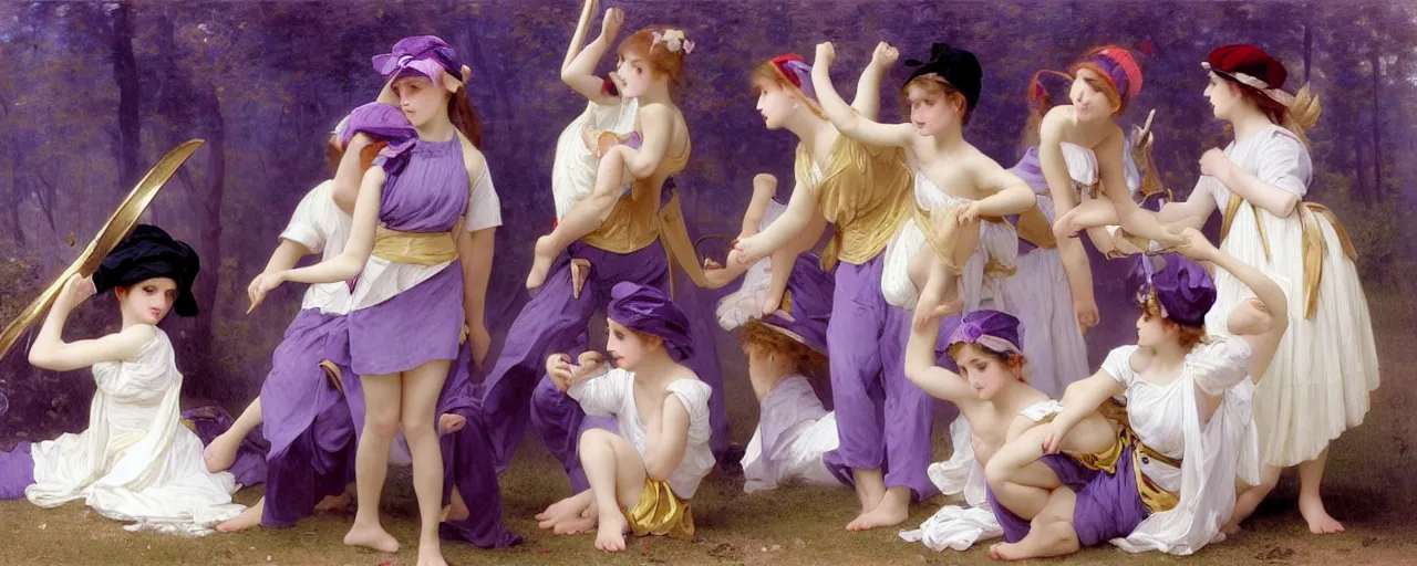 Prompt: A character sheet of full body cute magical girls with short blond hair wearing an oversized purple Beret, Baggy Purple overall shorts, Short Puffy pants made of silk, pointy jester shoes, a big billowy scarf, Golden Ribbon, and white leggings Covered in stars. Short Hair. Art by william-adolphe bouguereau and Paul Delaroche and Alexandre Cabanel and Lawrence Alma-Tadema and WLOP and Artgerm. Sunlit. 4K. UHD. Denoise.