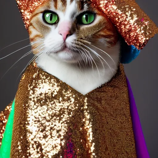 Image similar to a high - quality photo of a cat wearing a sequined designer cloak, hyperrealistic, textured, animal portrait, dark ( ( rainbow ) ), bokeh, f 2. 8