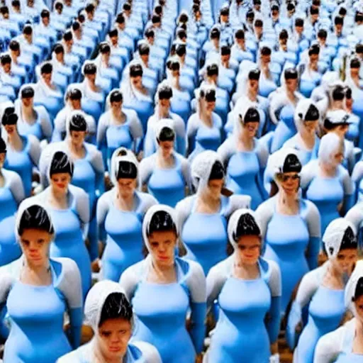 Prompt: army of identical athletic female clones in formation, white hair, tight light blue neopren suits, in rows, futuristic chemistry lab, sci - fi, highly detailed, cinematic