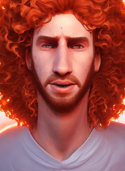 Image similar to glowwave portrait of curly orange hair man, au naturel, hyper detailed, digital art, trending in artstation, cinematic lighting, studio quality, smooth render, unreal engine 5 rendered, octane rendered, art style by pixar dreamworks disney riot games and rockstar games.