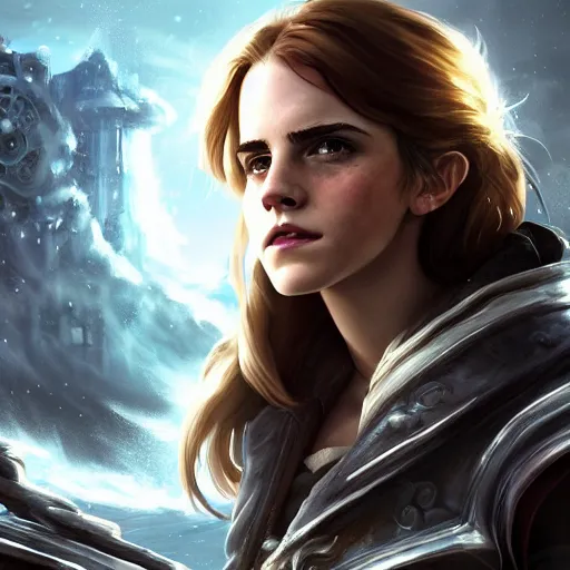 Image similar to portrait of emma watson as hermione, league of legends amazing splashscreen artwork, gears of war, splash art, natural light, elegant, photorealistic facial features, intricate, fantasy, detailed face, atmospheric lighting, anamorphic lens flare, cinematic lighting, league of legends splash art, hd wallpaper, ultra high details by greg rutkowski