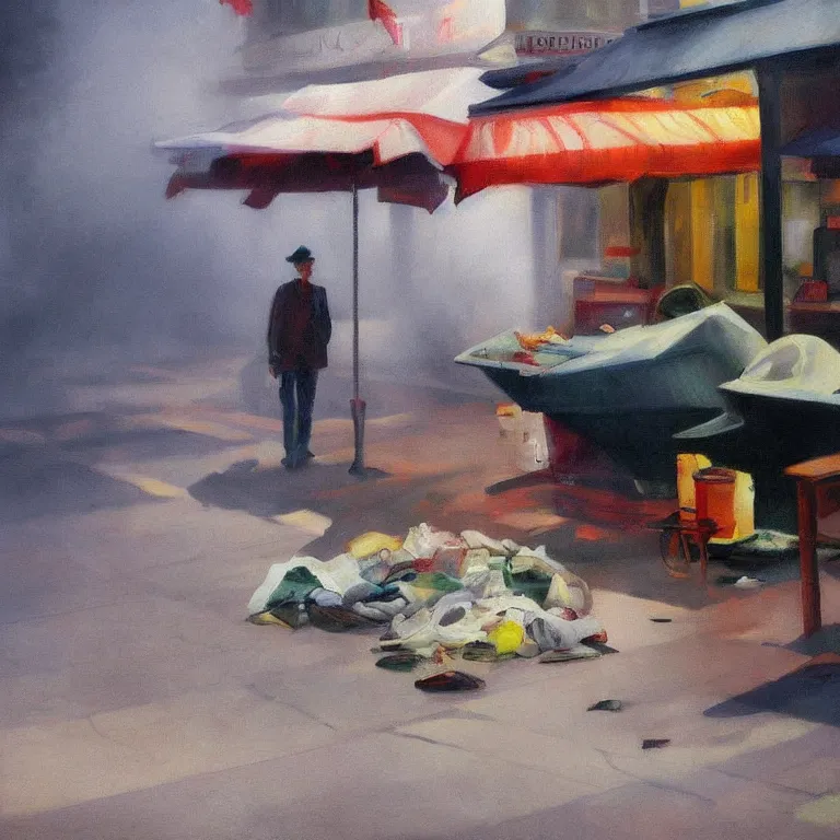 Image similar to Jenni Pasanen art everywhere, piles of trash, fog, early morning, , painted by Edward Hopper, painted by Wayne Barlow, airbrush