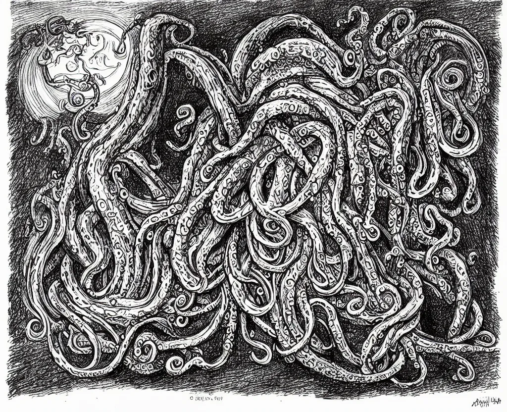 Image similar to a drawing of a large book with evil tentacles escaping from it, in the style of edward gorey