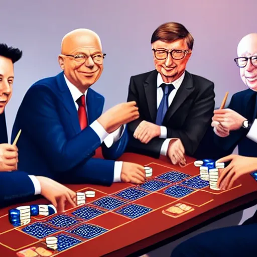 Image similar to UHD photorealistic Elon Musk playing poker with Satoshi Nakamoto, Klaus Schwab, and Bill Gates, hyperrealistic, correct details, symmetrical faces, accurate faces,