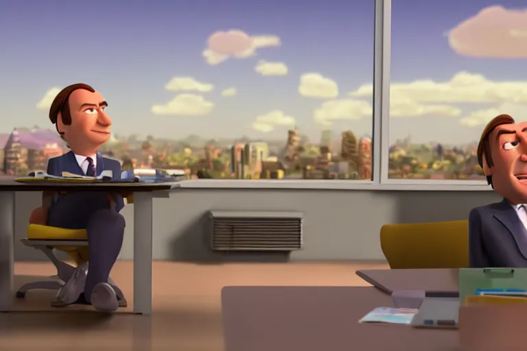 Prompt: saul goodman in a pixar film, bokeh, dreamworks saul, disney animation presents better call saul, in the office scene, bokeh, vray, 4 k uhd