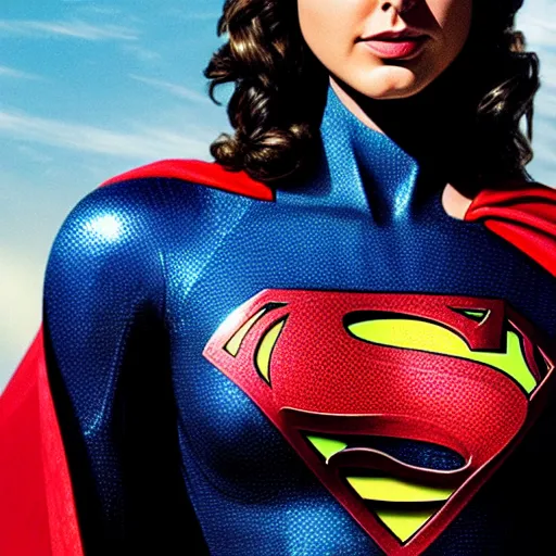 Image similar to an potrait of gal Gadot cast of movie man of steel and wearing a superman suit, photorealistic, 4k