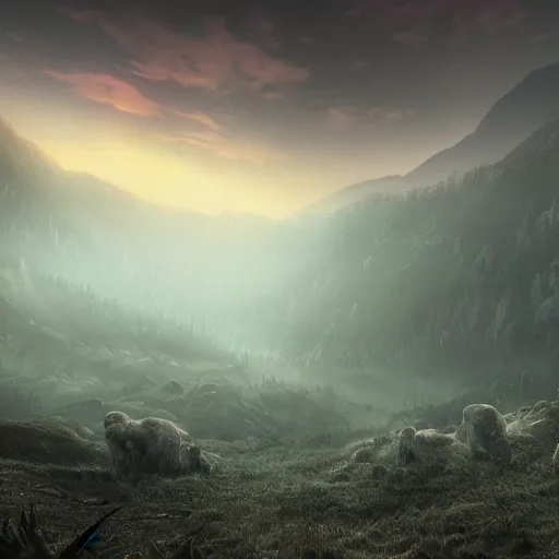 Image similar to huge valley, creepy valley, extreme drama, distant glow, hdr, movie still, fully photorealistic, artstation, beautiful concept art, sharp luminescent focus, nd 6, sony fx 6, glowing luminescent invocations