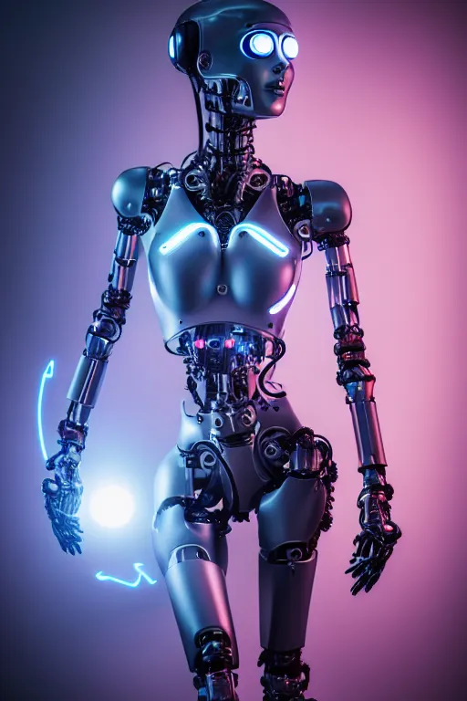 Prompt: cybernetic ultra high tech female robot with cat ears, sci - fi, cyberpunk, high tech, futurism, exoskeleton, symmetry, cinematic, elegant, luxury, perfect light, perfect composition, dlsr photography, sharp focus, 8 k, ultra hd, sense of awe, highly detailed, realistic, intricate, science journal cover