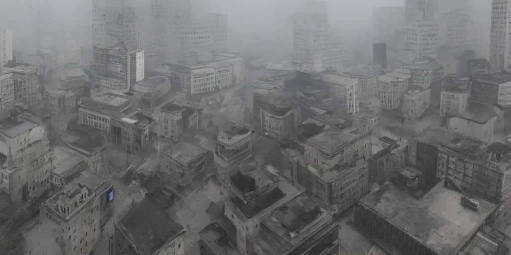 Image similar to wide - angle view of a deserted city with brutalism architecture and stone buildings with overcast and foggy weather. detailed, ultra - realistic, 4 k.