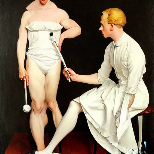 Prompt: Painting of lucius as a French maid, blond drill curls, androgynous prince, pale porcelain skin, by Leyendecker and Norman Rockwell