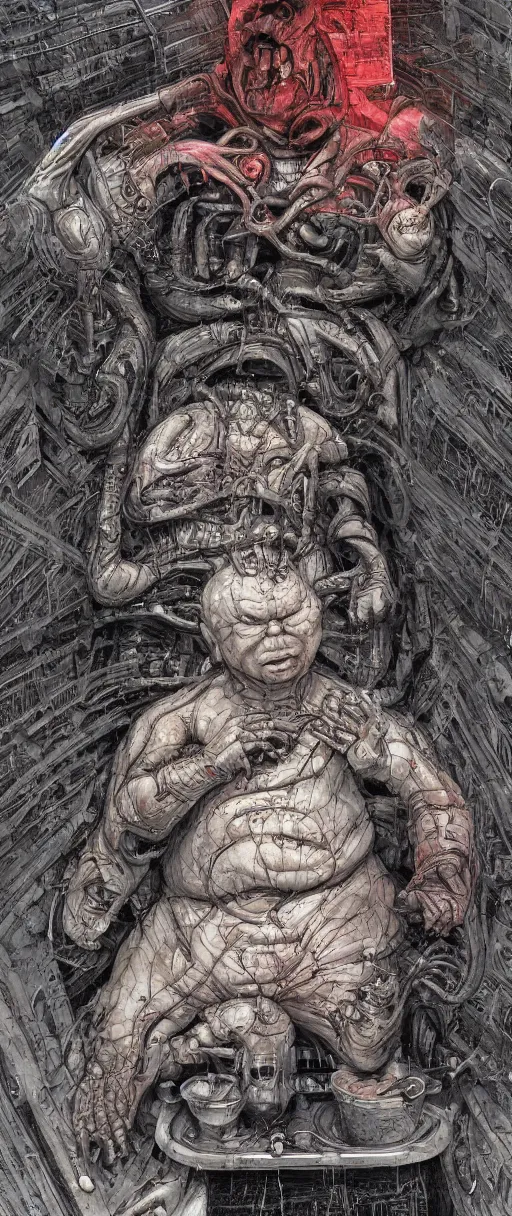 Image similar to baron harkonnen designed by hr giger junji ito moebius yasushi nirasawa, hdr, octane render, emerging from a black oil bath, 2 girds with red helmets, sanitarium type room with angular windows, sunset emoting through windows, volumetric lighting, photorealistic, 8 k