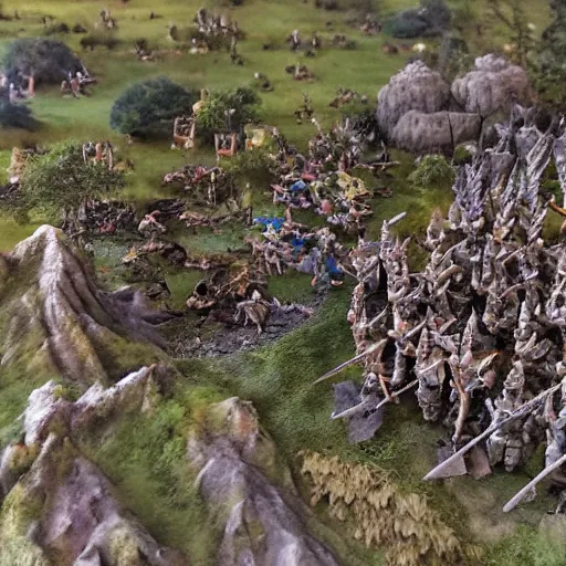 Image similar to photo taken of an epic intricate extremely detailed battlefield diorama, with highly detailed, exquisitely weathered 3 d printed characters. an army of high elves battling a horde of orcs, dragon fly overhead, macro shot, photorealistic, sharp focus, f 0. 4, golden ratio, soft light, 3 9 0 0 k