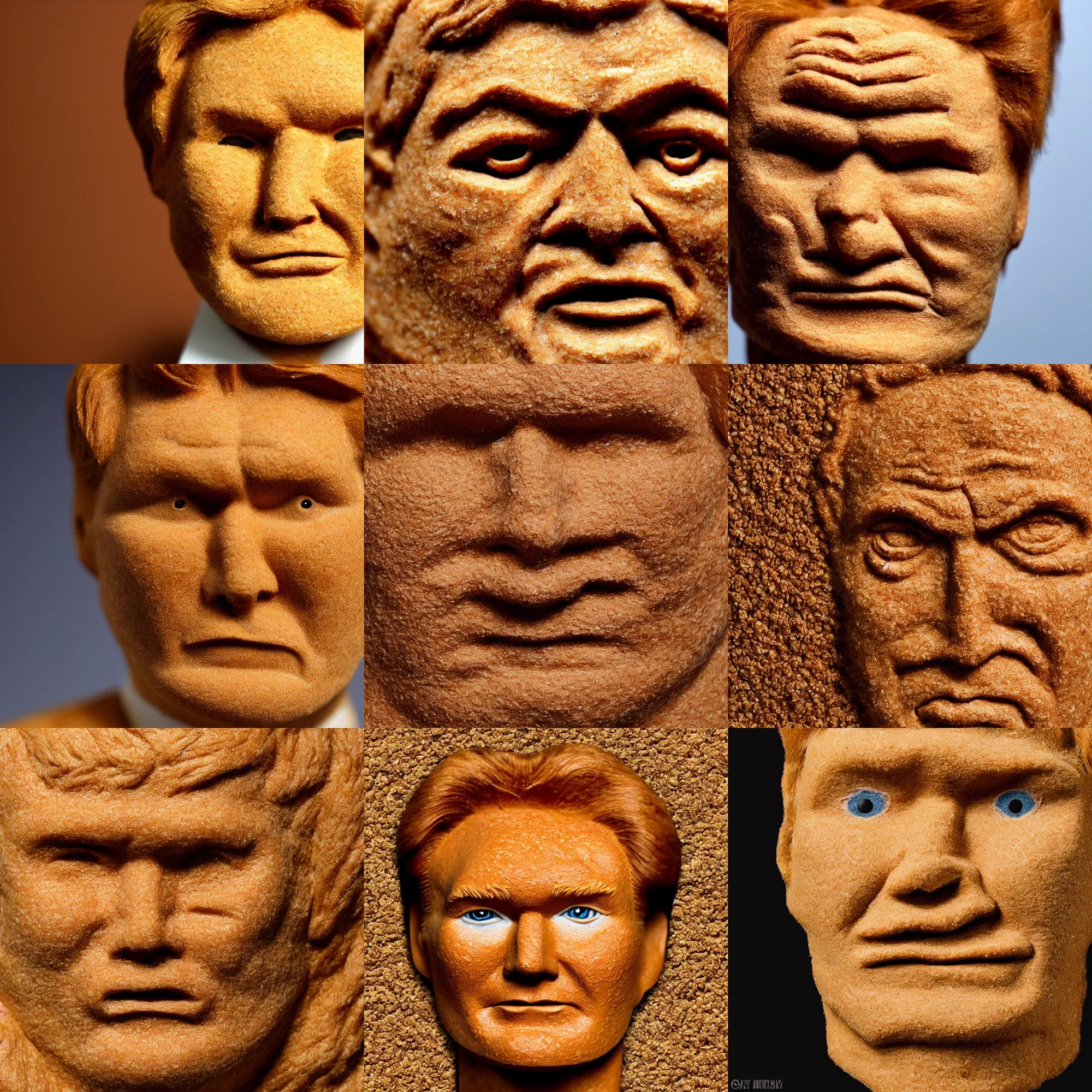 Prompt: face made of oat bran made of conan o'brien, body made of oat bran made of conan o'brien, close up, high detail photo