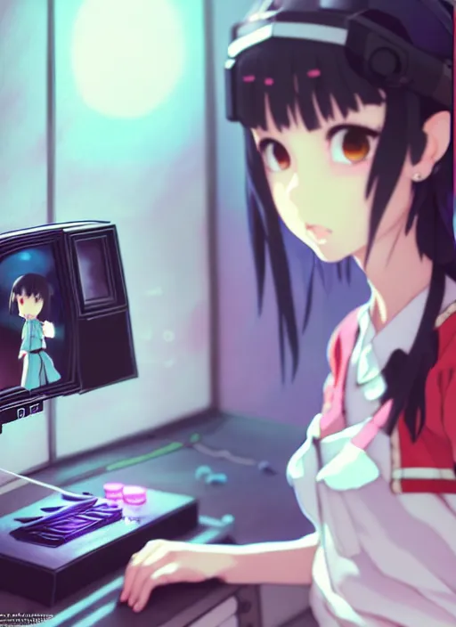 Image similar to a film still polaroid portrait of a young gamersgirl at a gaming pc, detailed features, perfect art, busy room, hd, gapmoe yandere, trending on pixiv fanbox, focussed painted by ilya kushinov makoto shinkai takashi takeuchi studio ghibli, akihiko yoshida, sachin teng, huang guangjian, artstation