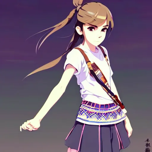 Image similar to a beautiful! boyish! emma watson alluring instagram model, wearing japanese hiphop school girl outfit with mayan pattern and native style, aztec street fashion, botw style, gapmoe yandere grimdark, trending on pixiv fanbox, painted by greg rutkowski makoto shinkai takashi takeuchi studio ghibli, akihiko yoshida