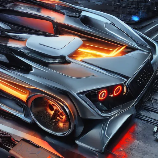 Image similar to car : motherboard forms designed by zaha hadid, a bit of graffiti forms sci-fi futuristic ultra realistic photography, keyshot render, octane render, unreal engine 5 render, high oiled liquid glossy specularity reflections, ultra detailed, golden hour, dramatic lighting 4k, 8k, 16k in the style ofblade runner 2049 Cyberpunk 2077 ghost in the shell thor 2 marvel film : tilt shift: sharp focus