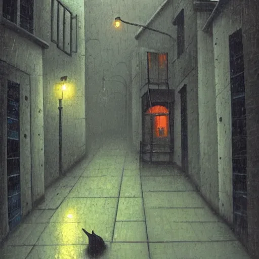 Image similar to strange alleyway, rainy night by Shaun Tan