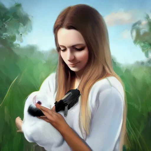 Image similar to Caucasian white girl from Australia, wearing eyeliner, holding her dark brown guinea pig, out in the wilderness at morning, trending on artstation, artstationHQ, artstationHD, photorealistic imagery.