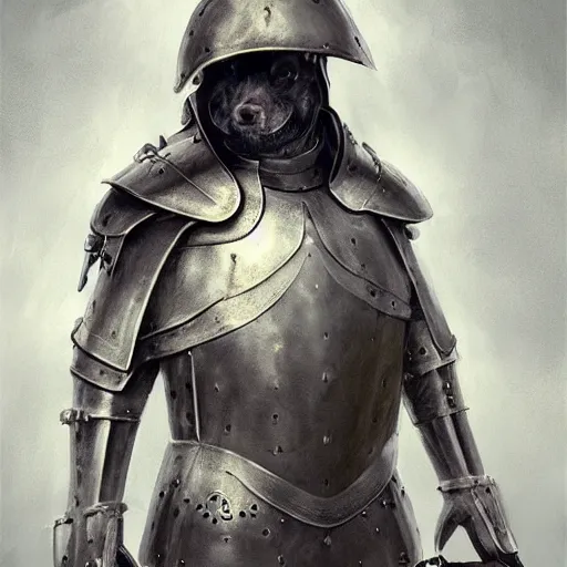 Prompt: westie dog wearing medieval suit of armor, illustration, concept art, art by wlop, dark, moody, dramatic