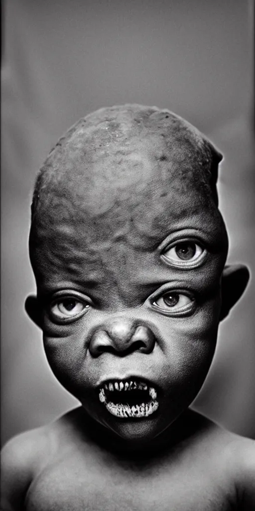 Image similar to award winning photo of african albino baby, dark colors, scary, symmetrical face, beautiful eyes, studio lighting, wide shot art by sally mann & arnold newman & h. r. giger