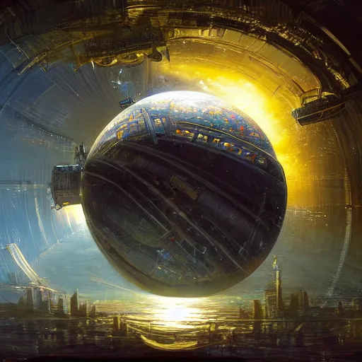 Prompt: the orb of spectacular and intricate technology. the gigantic orb is a floating space station for a miniature city, hyperdetailed 1 6 k resolution fantasy art digital art by jan urschel and neil blevins and tony diterlizzi, and ferdinand knab and jacques fresco