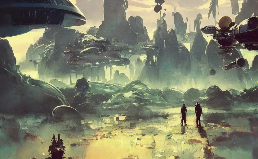 Prompt: 5 0 s pulp scifi illustration, space explorers in beautiful landscape, plain stretching into distance, pond, baobab trees, distant mountains, painted by bergey, craig mullins, john berkey, ruan jia, raymond swanland, jeremy mann, beksinski, jack kirby, tom lovell, alex malveda, schomburg