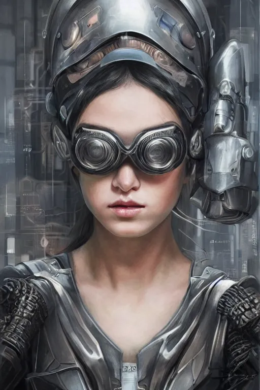 Prompt: Portrait of beautiful Ultra realistic illustration, angry female cyborg,The face is all covered with armor except for her eyes ,and she wears goggles, cyberpunk, sci-fi, fantasy, intricate, elegant, highly detailed, digital painting, artstation, concept art, smooth, sharp focus, illustration, art by Yintion J , Jiang Geping and artgerm and greg rutkowski and alphonse mucha.