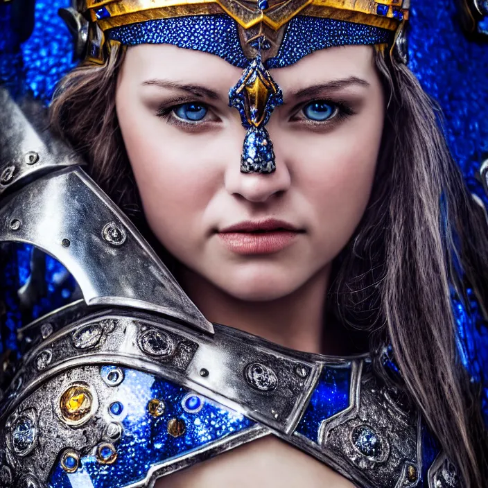 Image similar to full length photo of a cute beautiful warrior queen wearing sapphire encrusted armour, highly detailed, 4 k, hdr, smooth, sharp focus, high resolution, award - winning photo