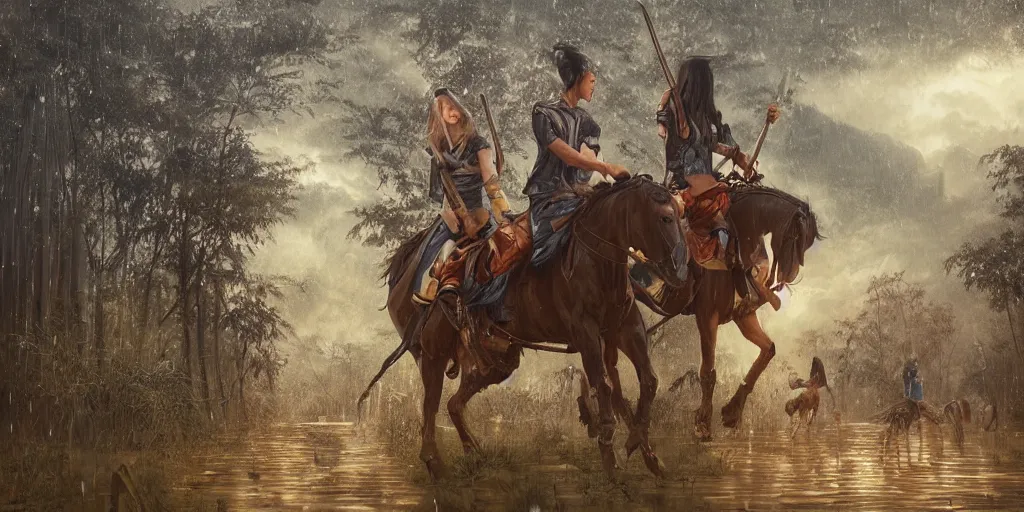 Image similar to ninja on horseback riding through a bamboo fortress, rain and lightning, by tom bagshaw, rococo, 8 k illustration, golden hour intricate, richly detailed, photorealistic imagery, artstation render inspired by alena aenami