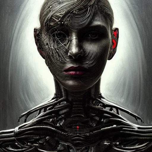 Prompt: surreal portrait of a woman by Greg Rutkowski and H.R Giger, symmetrical face, she is about 30 years old, she is about 30 years old, pretty, blond hair with two strans around her face, slavic features, melancholic gaze, pretty aquiline nose, transformed into a kind of biomechanical transhuman goddes, uncany but fascinating, sad but determined look, cosmic void background, frightening, fascinating, highly detailed portrait, digital painting, book cover, artstation, concept art, smooth, sharp foccus ilustration, Artstation HQ