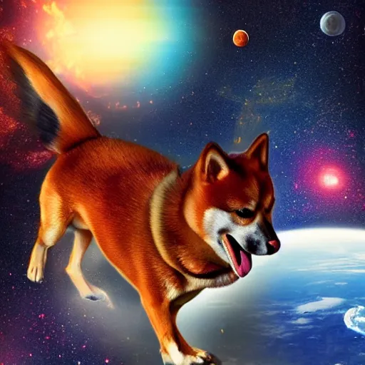 Image similar to winged shiba in space, wonderful planets, digital art, 4 k, realistic, vivid colors