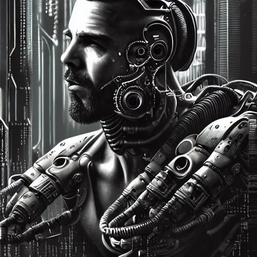 Image similar to ultra realist intricate detailed pin - up painting of a single rugged cyborg male, bearded face and cyborg tech on body and legs, symmetry accurate features, cyberpunk, industrial, apocalyptic, very intricate details, focus, high resolution, 8 k resolution, dramatic lighting, artstyle vincent di fate and alex ries, award winning