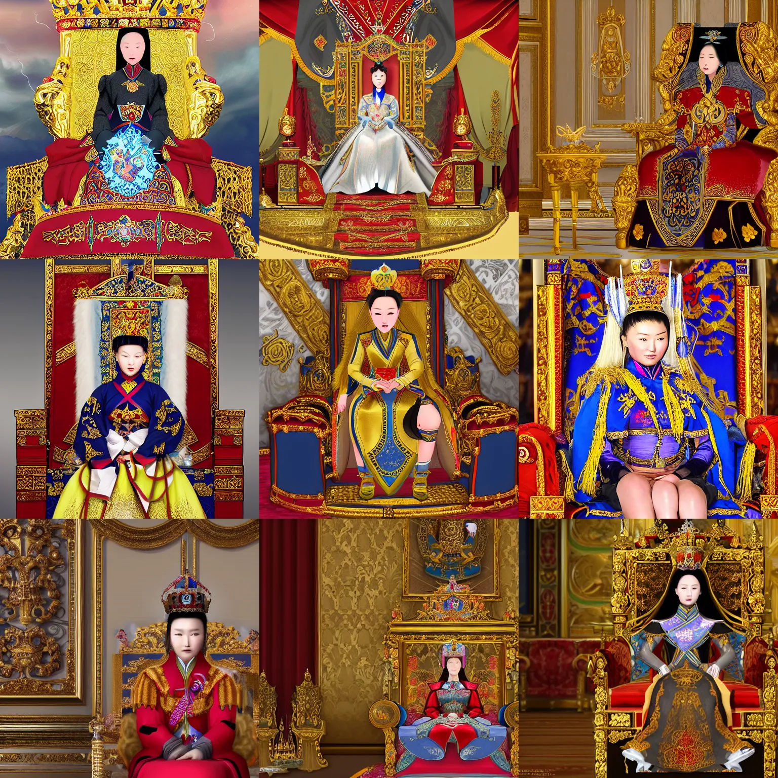 Prompt: A young Mongolian woman Empress, sitting on the throne inside Buckingham Palace, people are worshipping her, ornate, loading screen artwork for the video game 'Europa Universalis 4'