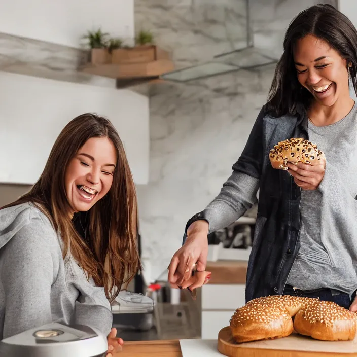 Image similar to a woman that is extremely happy about a young woman receiving her new bagel slicer from the future in the mail from amazon, 8 k,