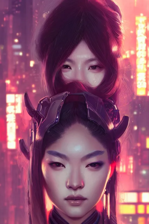 Image similar to portrait futuristic Samurai Girl, in future cyberpunk tokyo rooftop , ssci-fi, fantasy, intricate, very very beautiful, elegant, human anatomy, neon light, highly detailed, digital painting, artstation, concept art, smooth, sharp focus, illustration, art by tian zi and WLOP and alphonse mucha