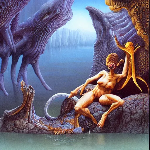 Prompt: alien creatures eating by a river, magical world, Artwork by Richard Corben + Mark Arian + Wayne Barlowe + Boris Vallejo + Julie Bell + Zdzisaw Beksinski + Ed Binkley + Mark Brooks + Jean Delvil