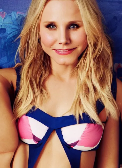 Prompt: ( first person view, my pov )!!!!!!!!, date with kristen bell, kristen bell on my bed in bikini