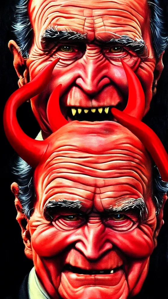 Image similar to demonic george hw bush with red horns, painting in the style of norman rockwell, 1 9 5 0 s, evil, satan, devil, demonic, demon, hyperrealistic, photorealistic, award - winning, 4 k, ultra hd, artstation, intricate, highly detailed, american, usa, dark, gritty