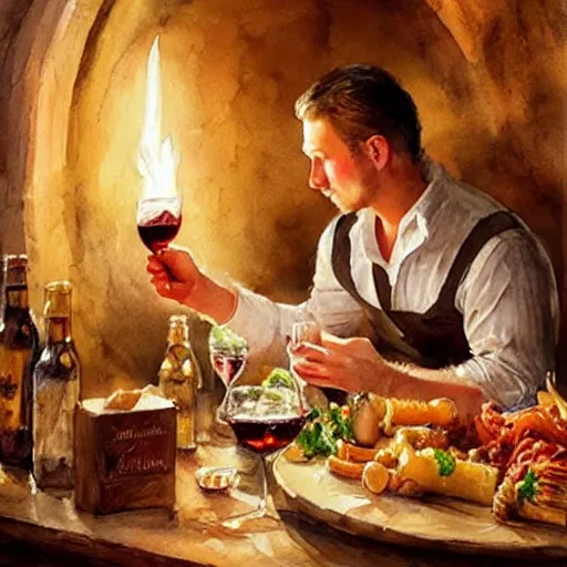 Image similar to hot blonde in a wine cellar, food, pork, beer, schnapps, rustic, traditional, torches on the wall, watercolor by vladimir volegov, highly detailed, masterpiece