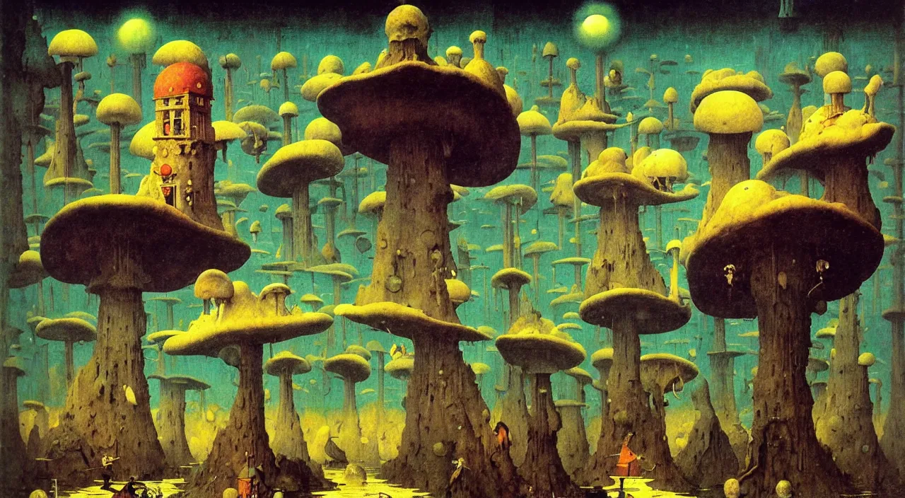 Image similar to single flooded simple!! ( lovecraftian ) toadstool tower anatomy, very coherent and colorful high contrast masterpiece by norman rockwell franz sedlacek hieronymus bosch dean ellis simon stalenhag rene magritte gediminas pranckevicius, dark shadows, sunny day, hard lighting